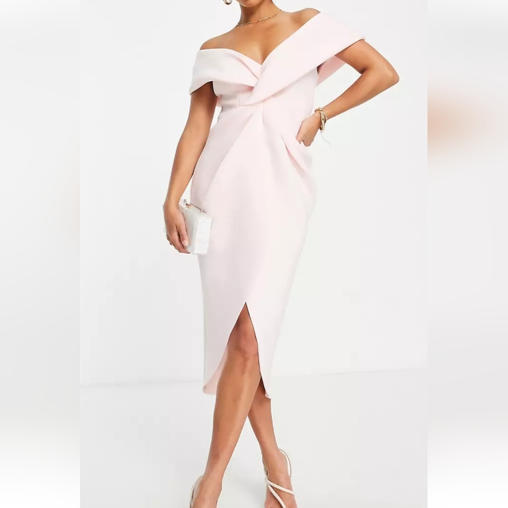 NWT - ASOS Design Off-The-Shoulder Twist Front Midi Dress in Rosewater - 2P
